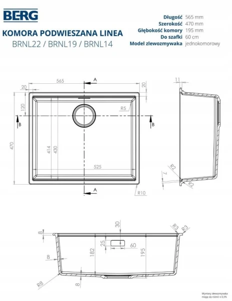 Zlewozmywak podwieszany Berg LINEA BRNL14L Czarny Onyx