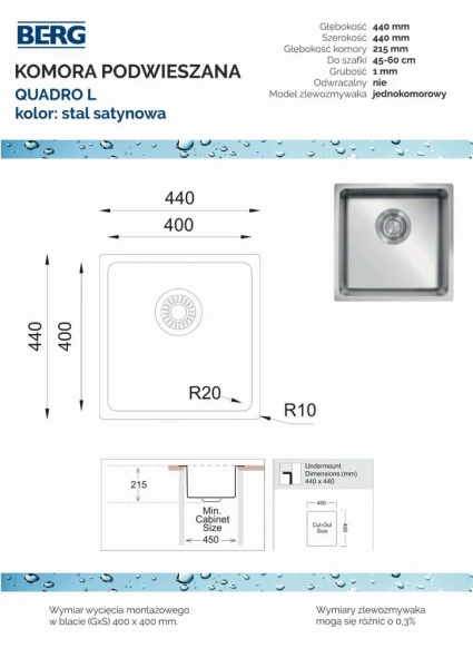 Zlewozmywak podwieszany Berg QUADRO L