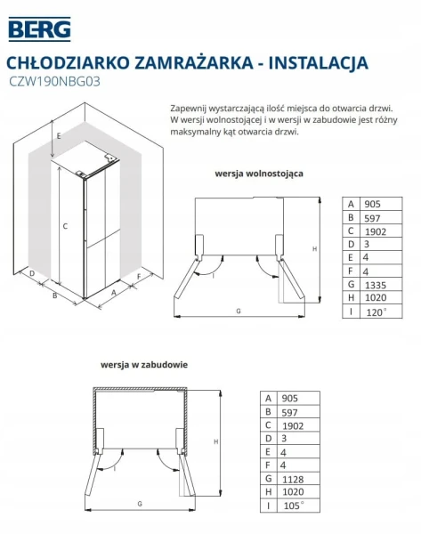 Chłodziarko – zamrażarka Berg Side By Side CZW190NBG03 190 cm