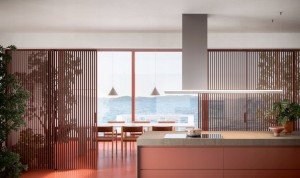 Okap wyspowy Falmec Lumen Isola 175 inox 800 m³/h - komin po prawej